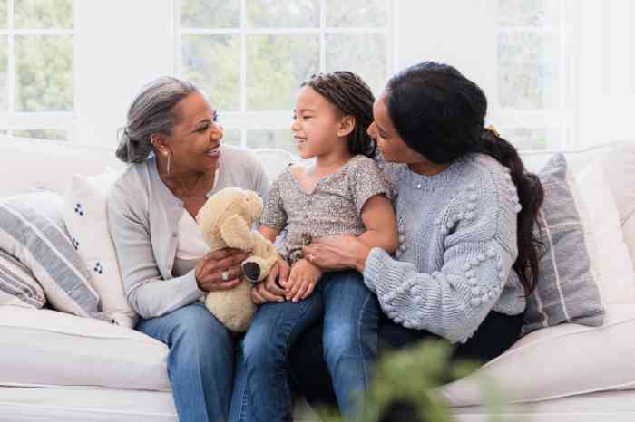 Three generations of family grandmother, mother, granddaughter sitting on sofa